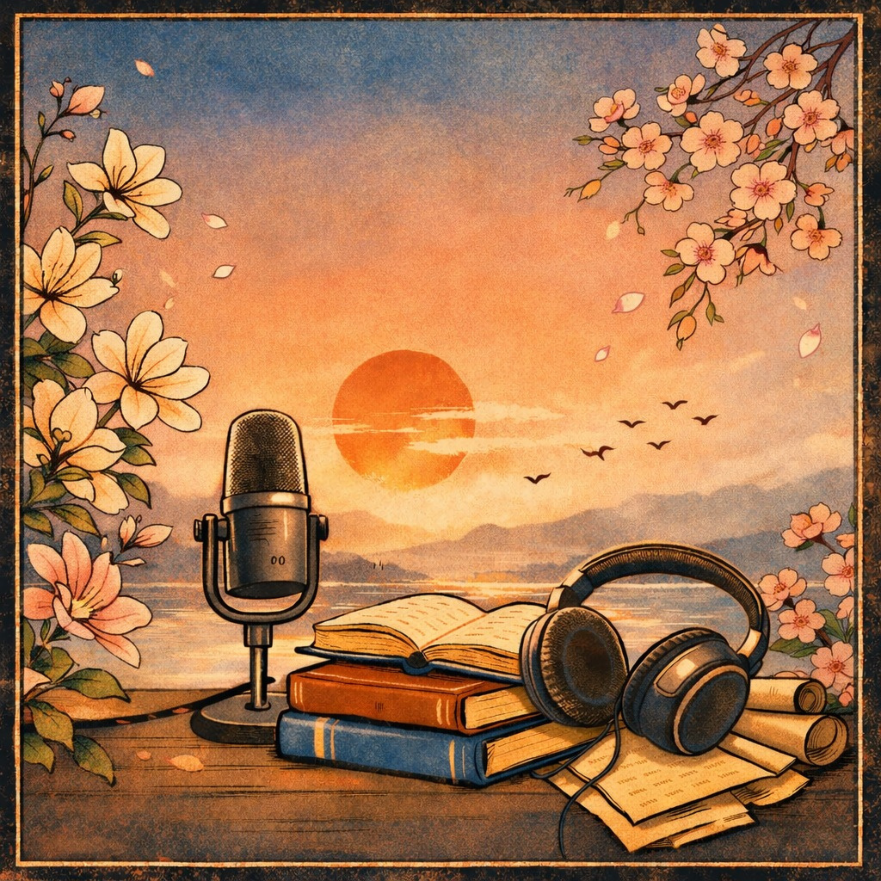Immagine per il podcast Leggere per leggersi, libro, cuffia, microfono, ciliegi in fiore, un orizzonte luminoso